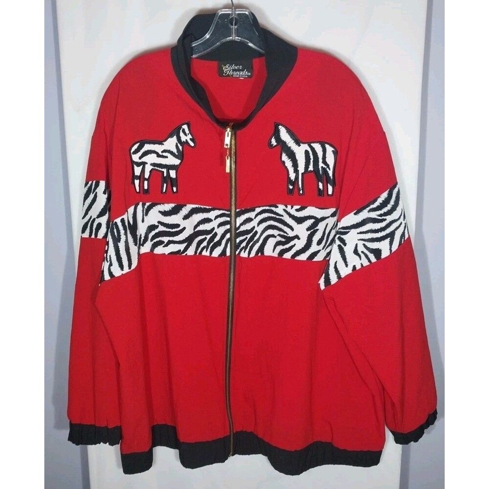 Vintage 80s Silver Threads Zebra Novelty Full Zip Jacket Red Plus Size 2X Retro